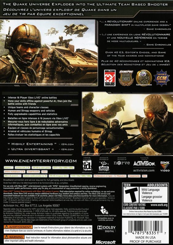 Back Cover for Enemy Territory: Quake Wars (Xbox 360)