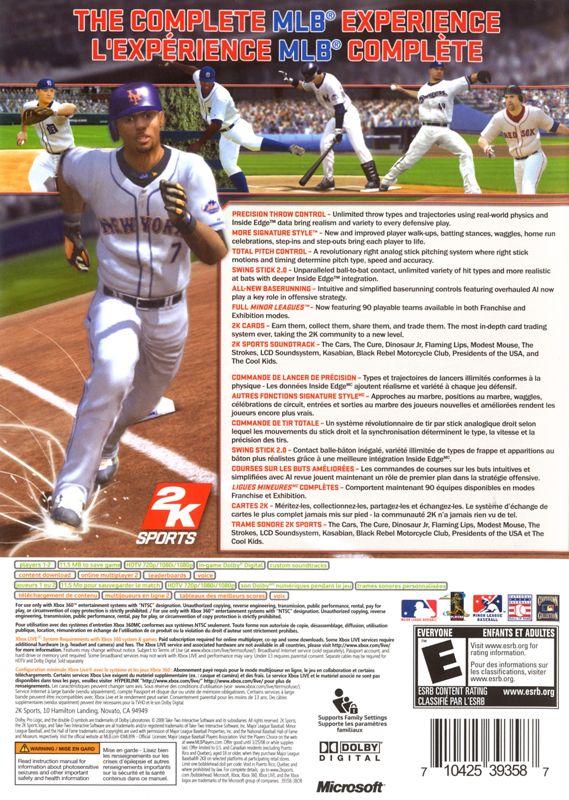 Back Cover for Major League Baseball 2K8 (Xbox 360)