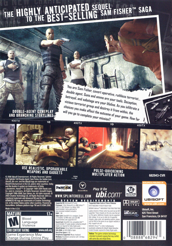 Back Cover for Tom Clancy's Splinter Cell: Double Agent (Windows)