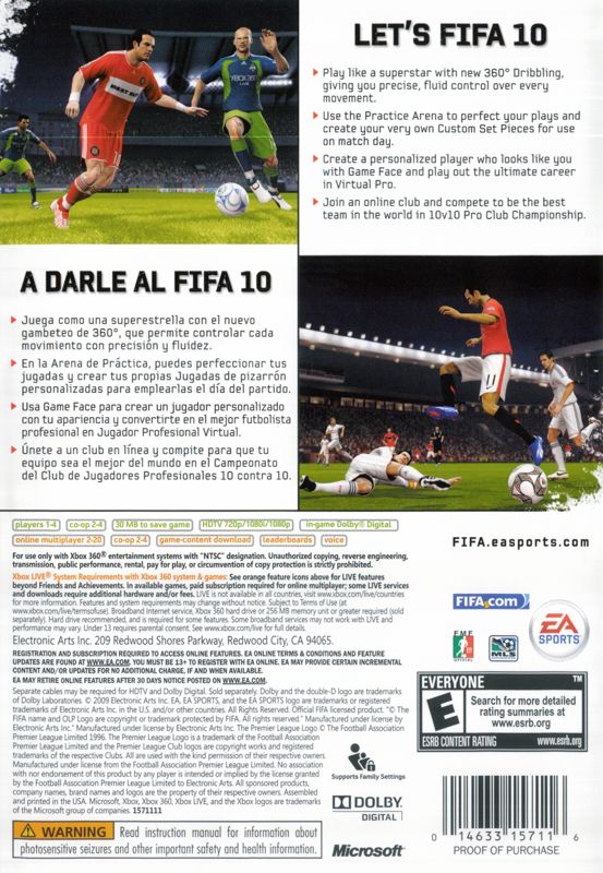 Back Cover for FIFA Soccer 10 (Xbox 360)