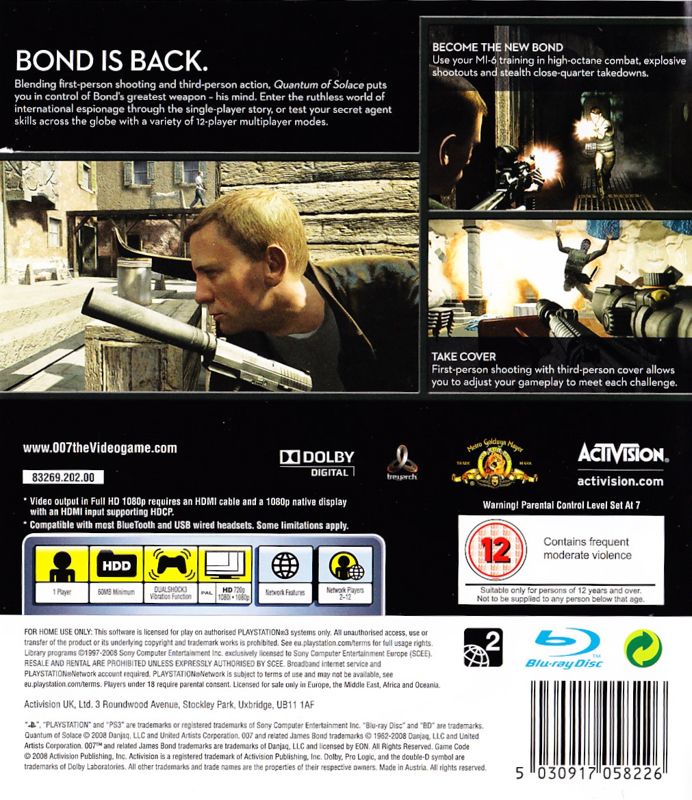 Back Cover for 007: Quantum of Solace (PlayStation 3)