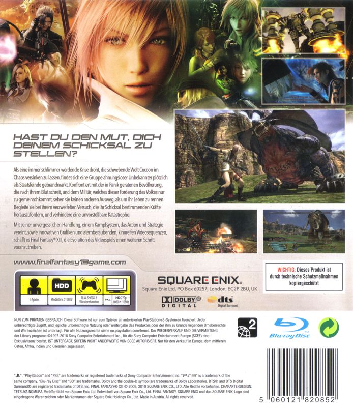 Back Cover for Final Fantasy XIII (PlayStation 3)