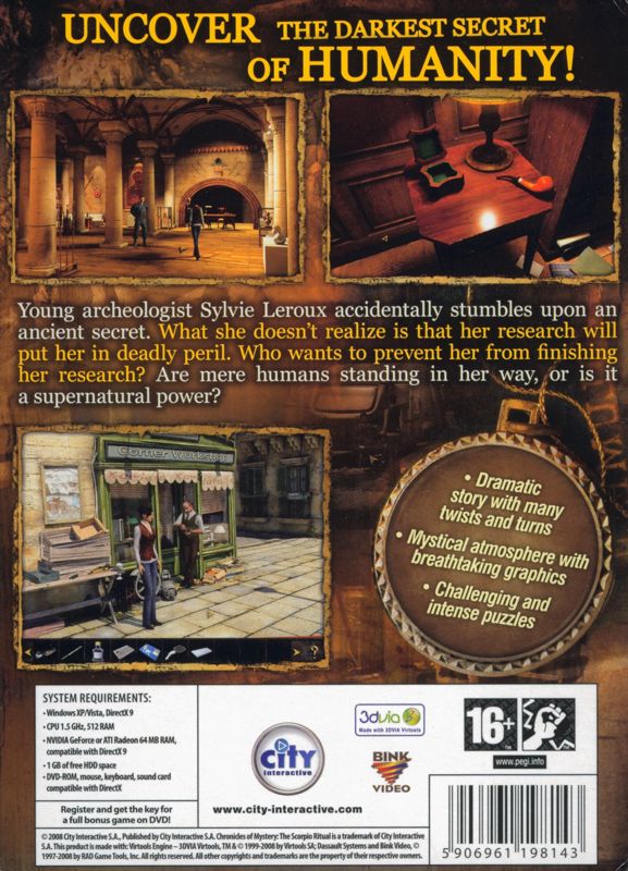 Back Cover for Chronicles of Mystery: The Scorpio Ritual (Windows)