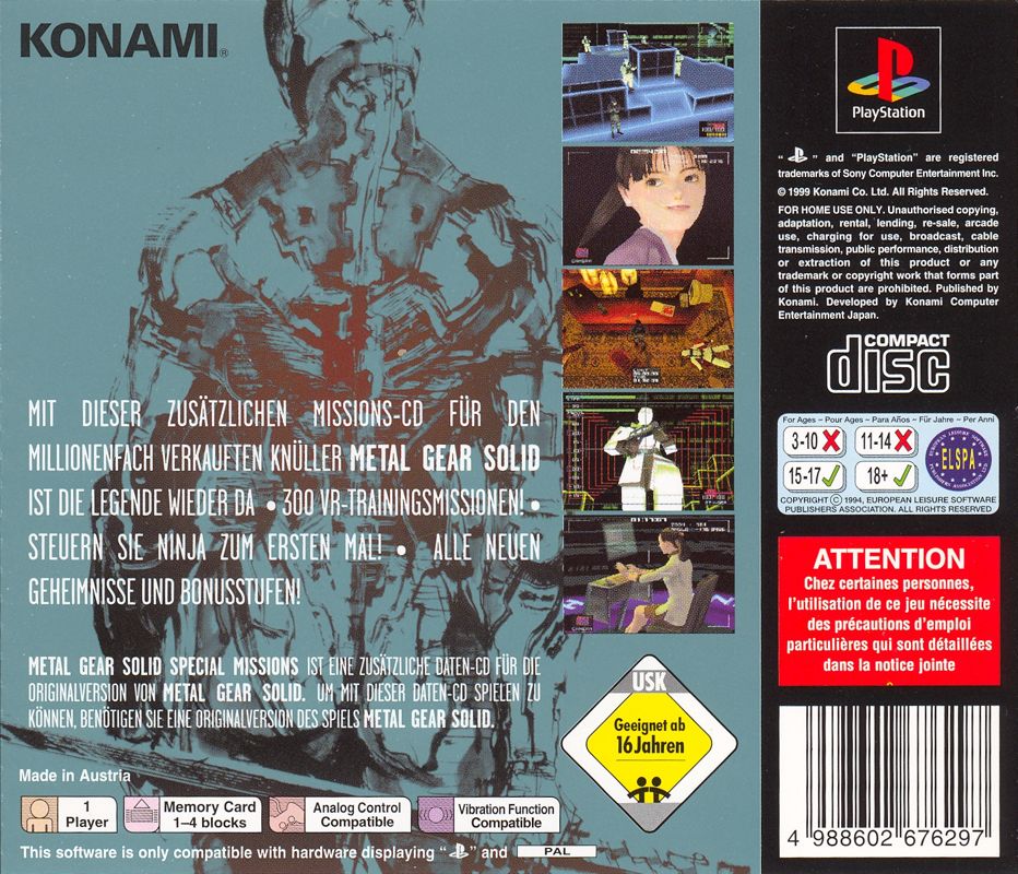 Back Cover for Metal Gear Solid: VR Missions (PlayStation)