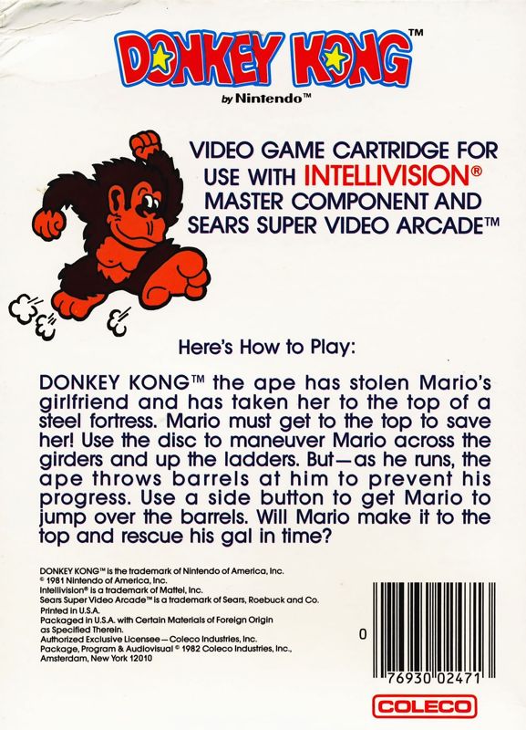 Back Cover for Donkey Kong (Intellivision) (White Cart)