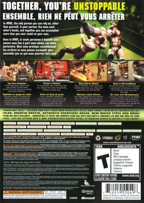Back Cover for WWE Smackdown vs. Raw 2009 (Xbox 360)