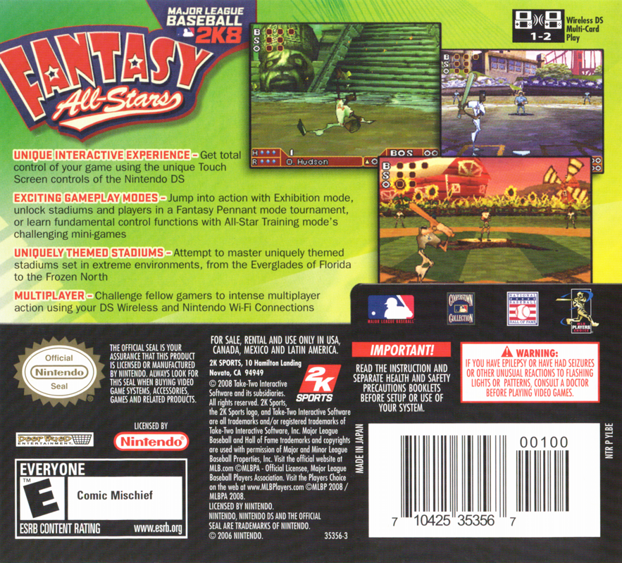 Back Cover for Major League Baseball 2K8: Fantasy All-Stars (Nintendo DS)