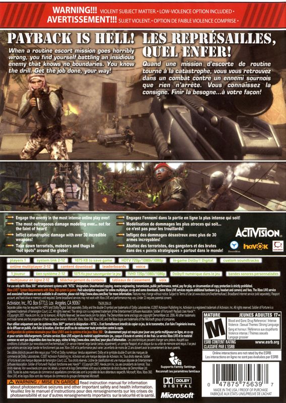 Back Cover for Soldier of Fortune: Payback (Xbox 360)