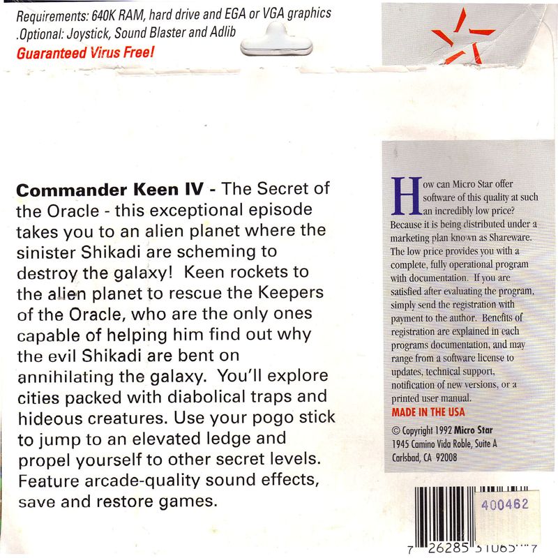 Back Cover for Commander Keen 4: Secret of the Oracle (DOS) (Micro Star Release in Paper Envelope)