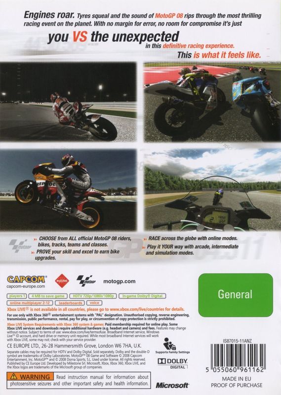 Back Cover for MotoGP 08 (Xbox 360)