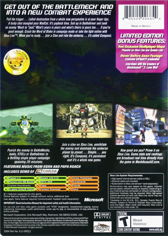Back Cover for MechAssault 2: Lone Wolf (Limited Edition) (Xbox)