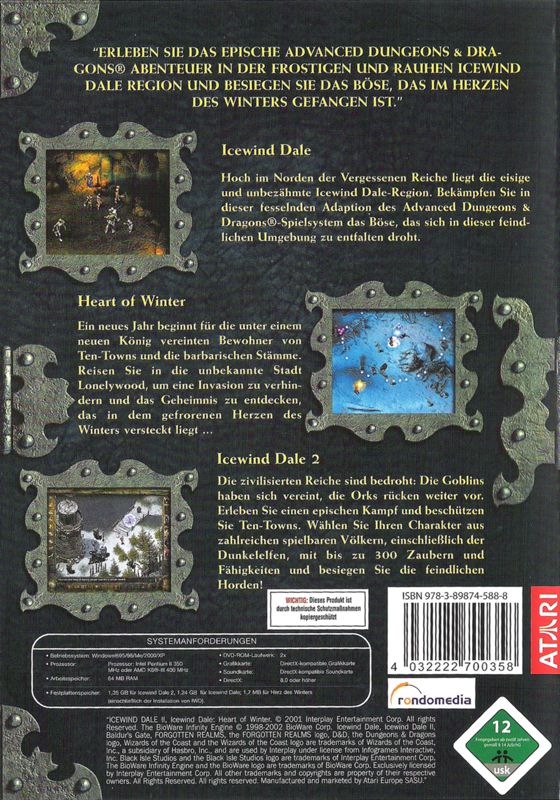 Back Cover for Icewind Dale: 3 in 1 Boxset (Windows) (Best of Atari release)