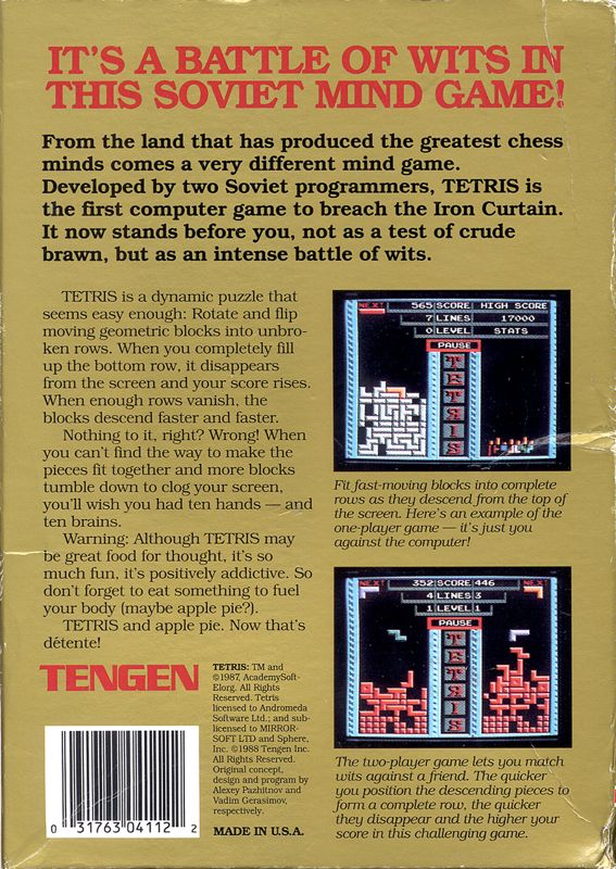 Back Cover for Tetris (NES) (Unlicensed Tengen Release)