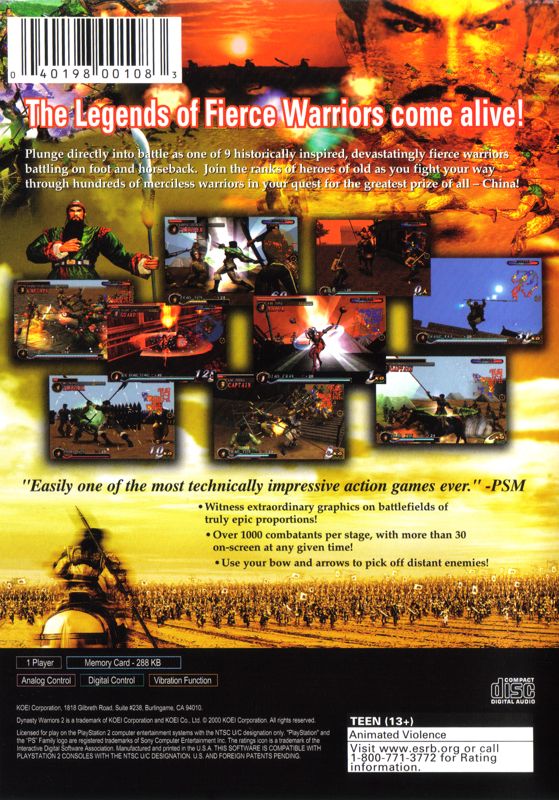 Back Cover for Dynasty Warriors 2 (PlayStation 2)