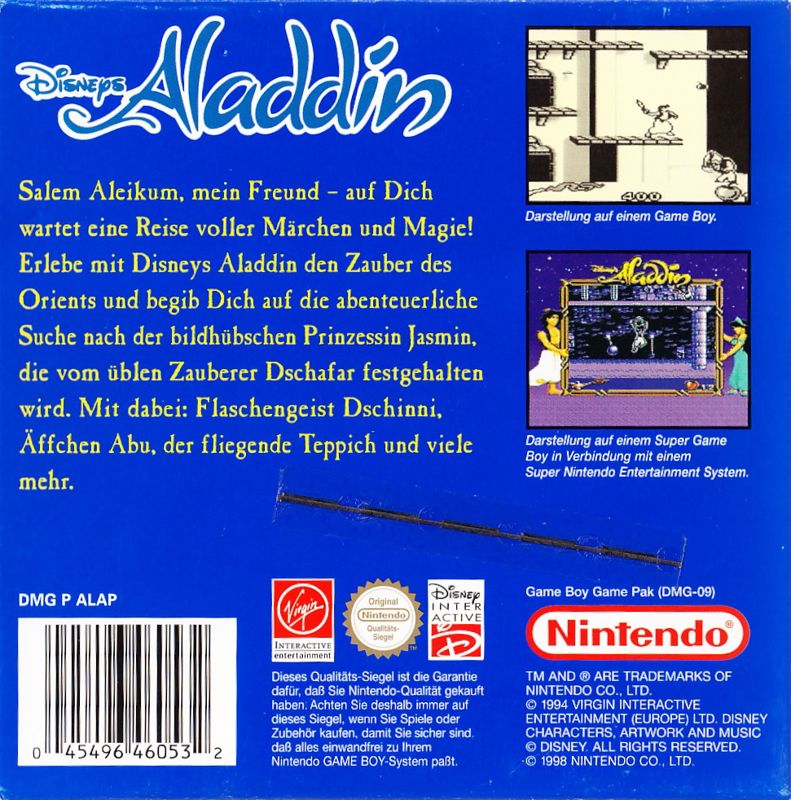 Back Cover for Disney's Aladdin (Game Boy) ("Disney's Classic Video Games" Budget Release)