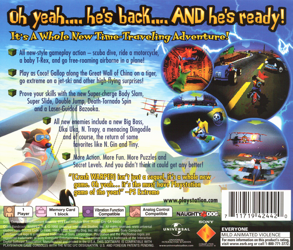 Back Cover for Crash Bandicoot: Warped (PlayStation)