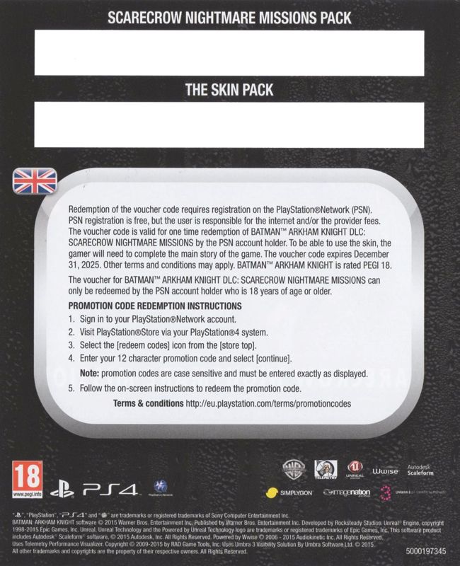 Other for Batman: Arkham Knight (Limited Edition) (PlayStation 4): Scarecrow Nightmare Missions DLC Code - Back
