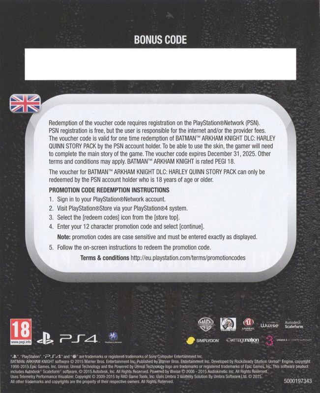 Other for Batman: Arkham Knight (Limited Edition) (PlayStation 4): Harley Quinn Story Pack DLC Code - Back