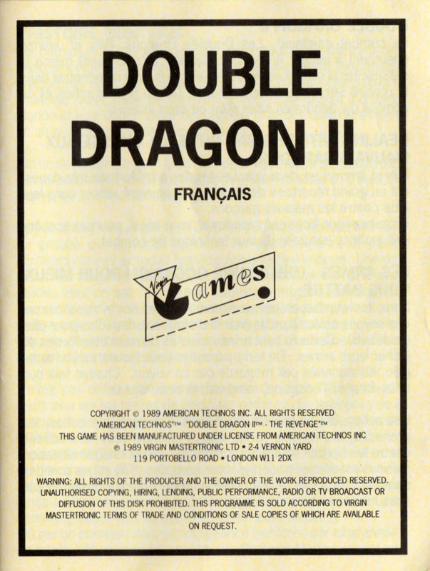 Manual for Double Dragon II: The Revenge (Atari ST): Front