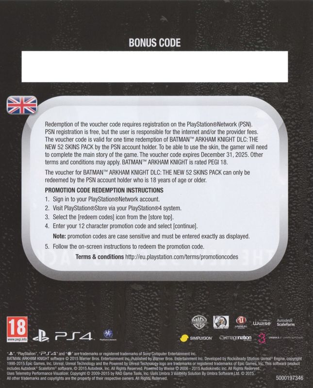 Other for Batman: Arkham Knight (Limited Edition) (PlayStation 4): The New 52 Skins Pack DLC Code - Back