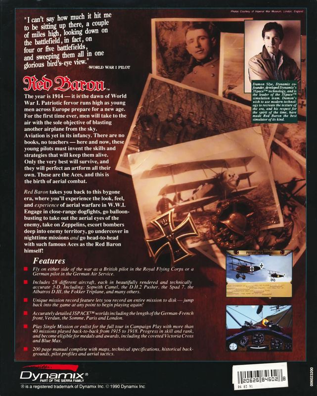 Back Cover for Red Baron (DOS) (5.25" Floppy Disk release)