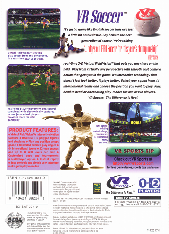 Back Cover for VR Soccer '96 (SEGA Saturn)