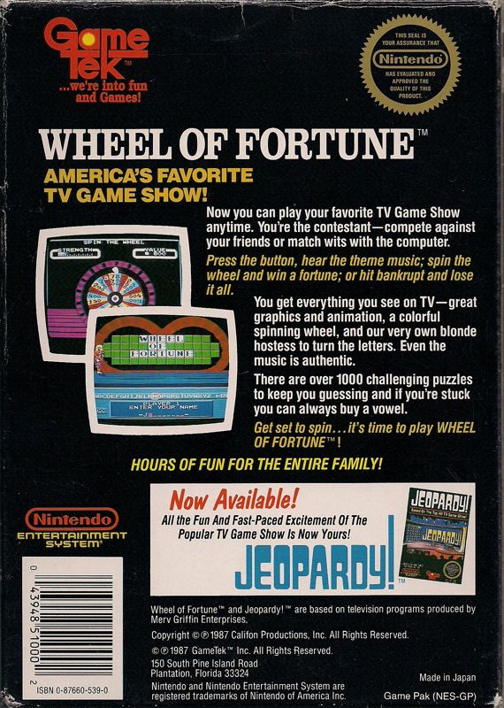 Back Cover for Wheel of Fortune (NES)