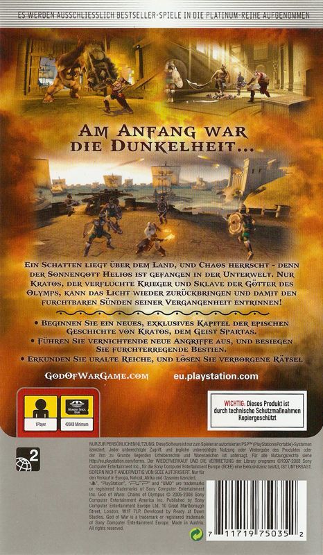 Back Cover for God of War: Chains of Olympus (PSP) (Platinum release)