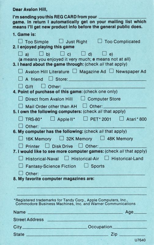 Extras for KNOCKOUT (Atari 8-bit): Registration - Front