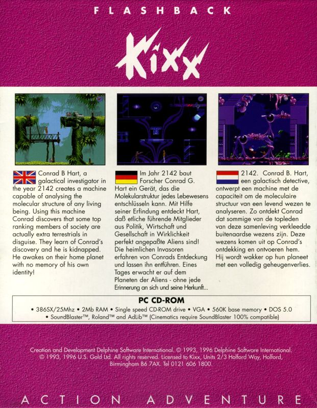 Back Cover for Flashback: The Quest for Identity (DOS) (Kixx release)