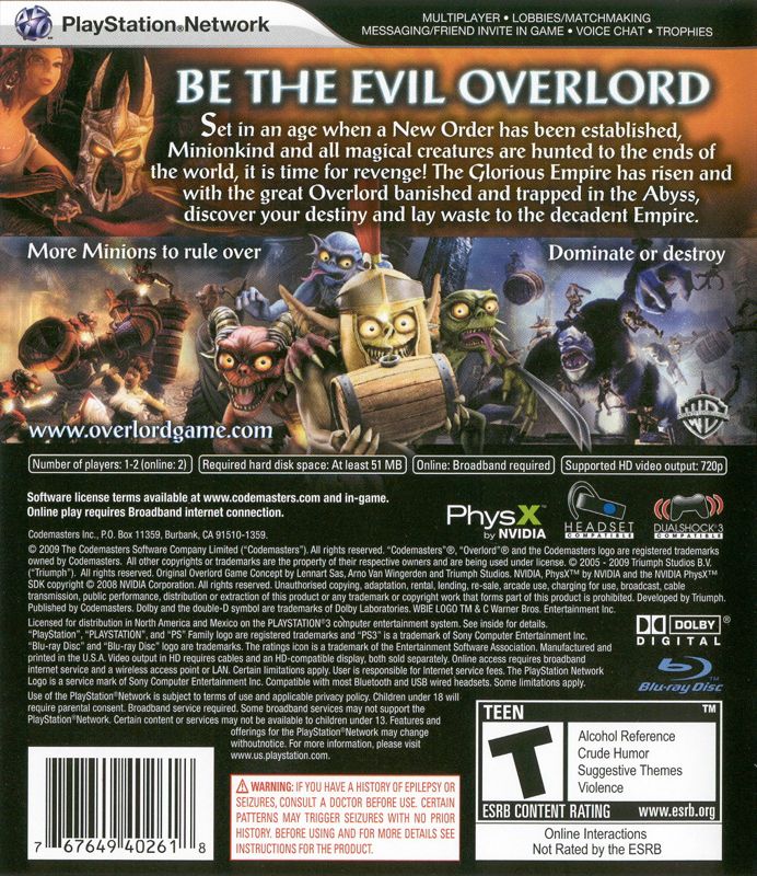 Back Cover for Overlord II (PlayStation 3)