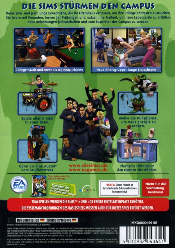 Back Cover for The Sims 2: University (Windows)