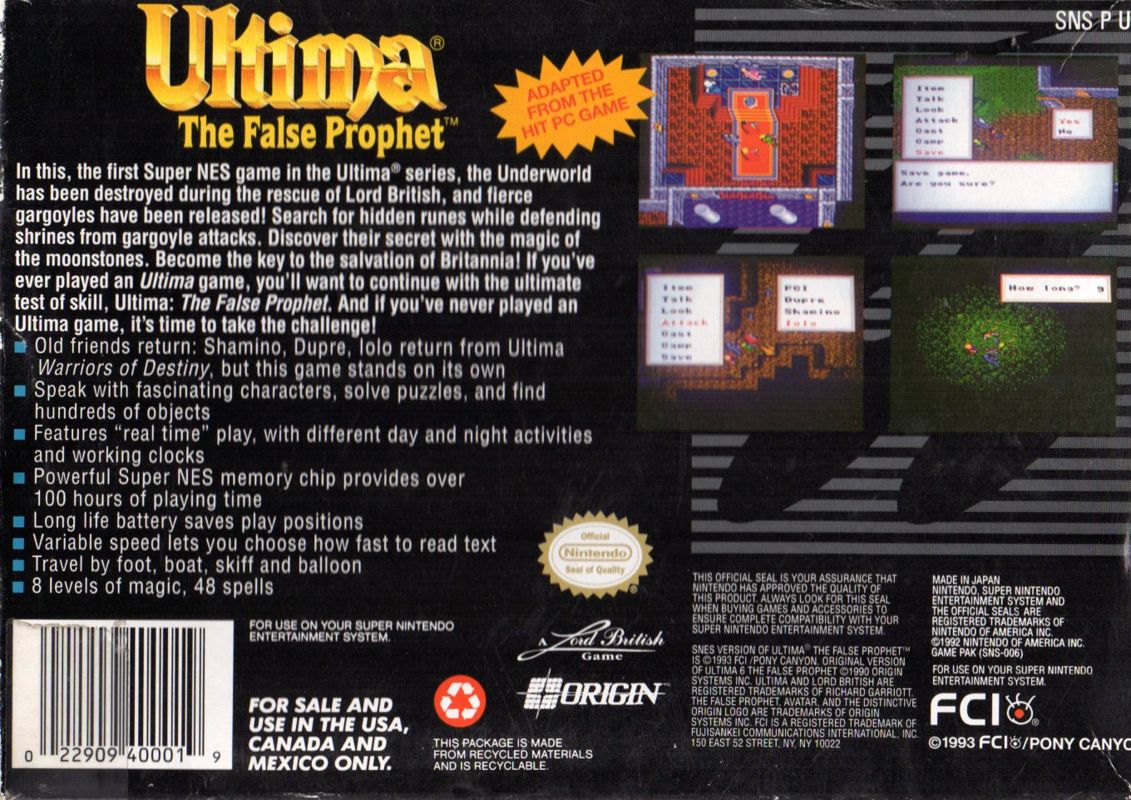 Back Cover for Ultima VI: The False Prophet (SNES)
