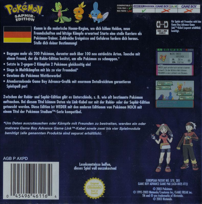 Pokémon Sapphire Version Cover Or Packaging Material - MobyGames