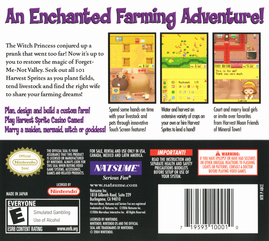 Back Cover for Harvest Moon DS (Nintendo DS)