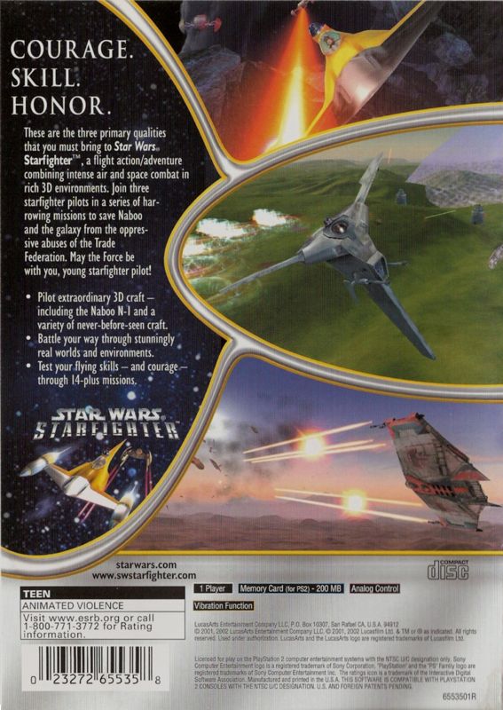 Back Cover for Star Wars: Starfighter (PlayStation 2) (Greatest Hits Release - misprinted memory card requirements)