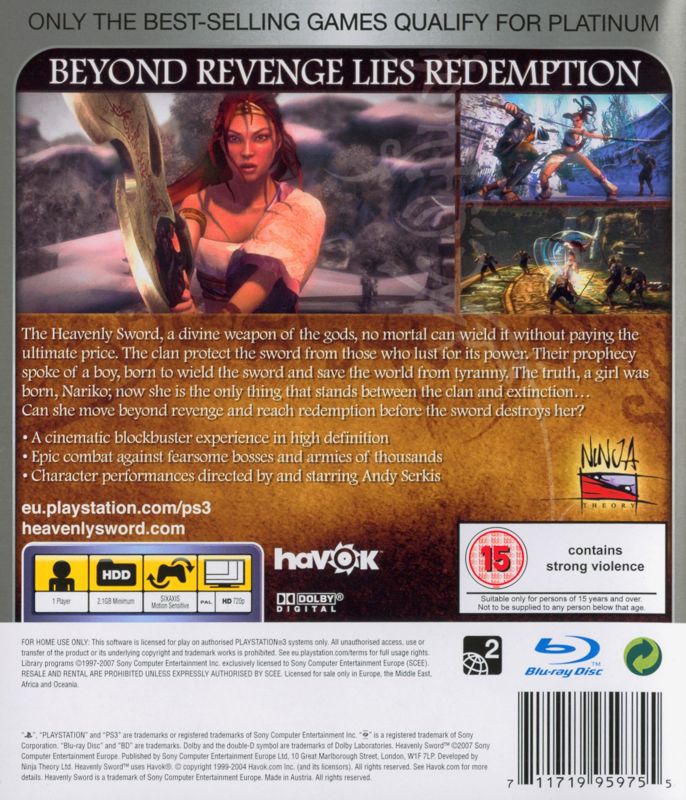 Back Cover for Heavenly Sword (PlayStation 3) (Platinum release)