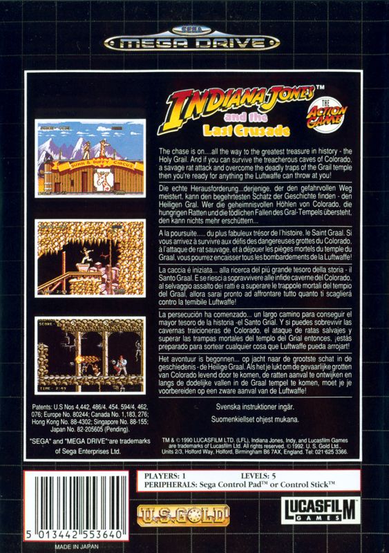 Back Cover for Indiana Jones and the Last Crusade: The Action Game (Genesis)