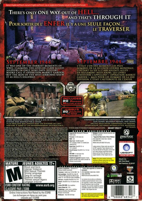 Back Cover for Brothers in Arms: Hell's Highway (Windows) (Game & Manual in English & French)