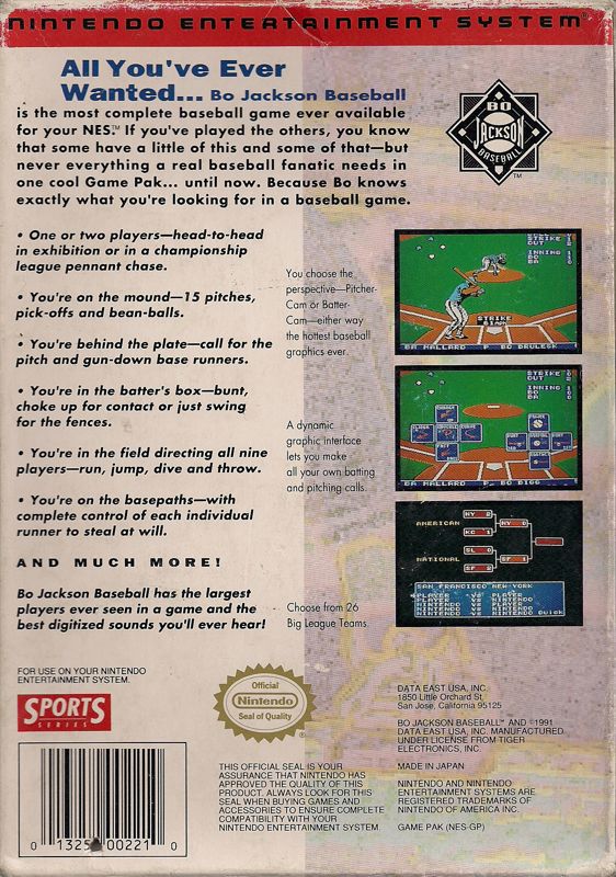 Back Cover for Bo Jackson Baseball (NES)