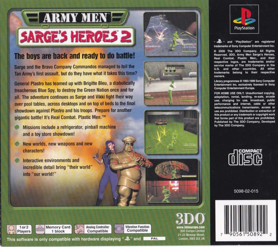 Back Cover for Army Men: Sarge's Heroes 2 (PlayStation)