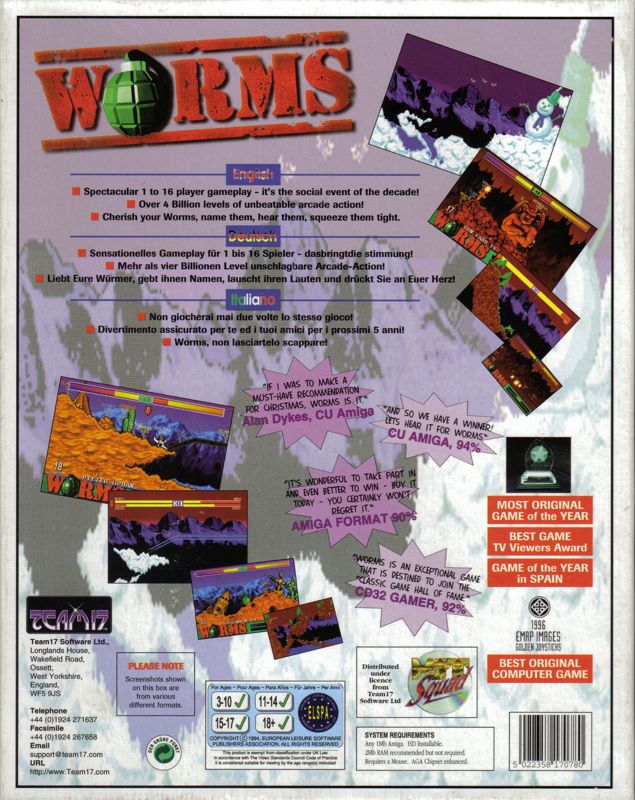 Back Cover for Worms (Amiga) (Hit Squad release)