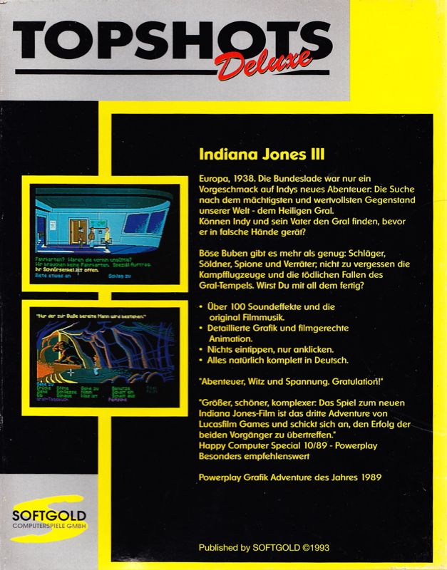Back Cover for Indiana Jones and the Last Crusade: The Graphic Adventure (DOS) (Topshots Deluxe release)
