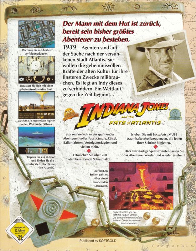 Back Cover for Indiana Jones and the Fate of Atlantis (DOS) (CD-ROM release (Yellow system label on front of box))