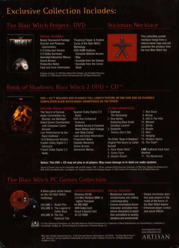Back Cover for The Blair Witch Experience: Special Limited Edition Collector's Set (Windows)