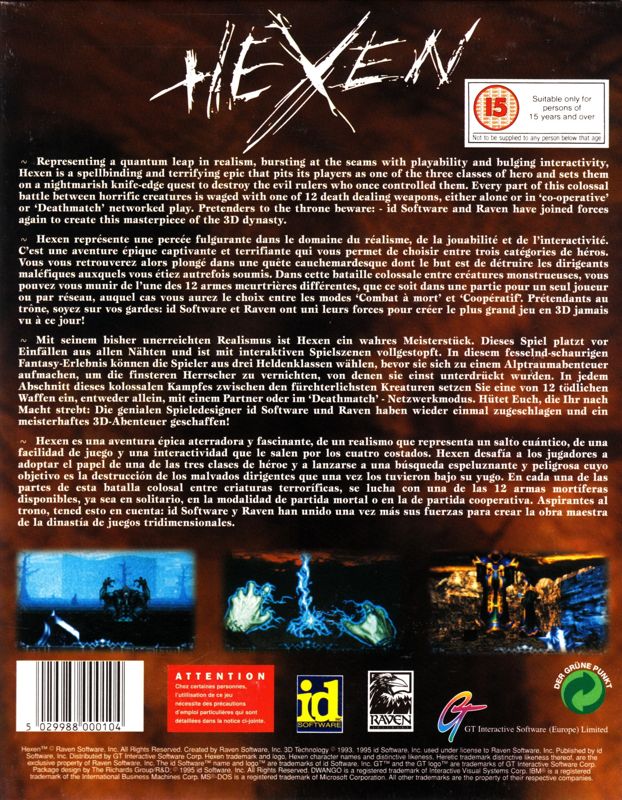 Back Cover for Hexen: Beyond Heretic (DOS) (Wrong (BBFC: 15) printed box)