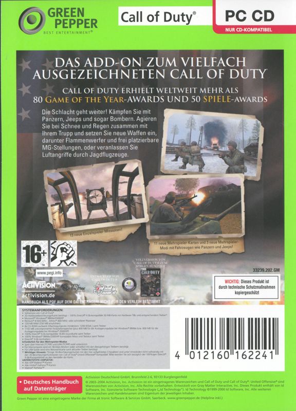 Back Cover for Call of Duty: United Offensive (Windows) (Green Pepper release)