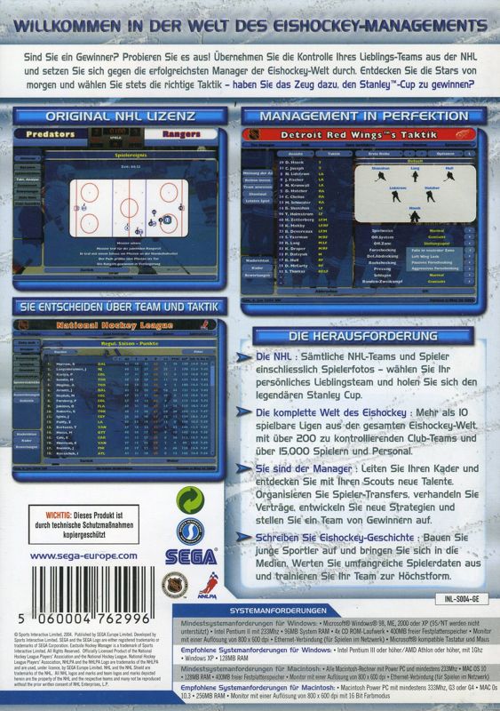Back Cover for NHL Eastside Hockey Manager (Macintosh and Windows)