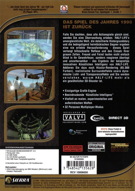 Back Cover for Half-Life (Windows) (BestSeller Series release (2004))