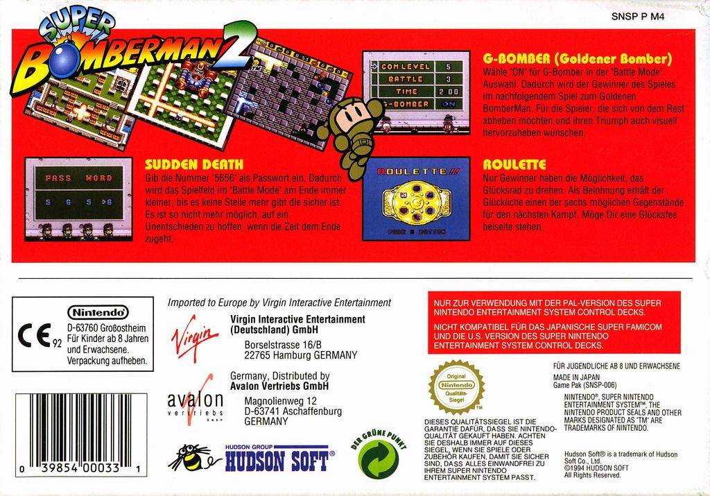 Back Cover for Super Bomberman 2 (SNES)